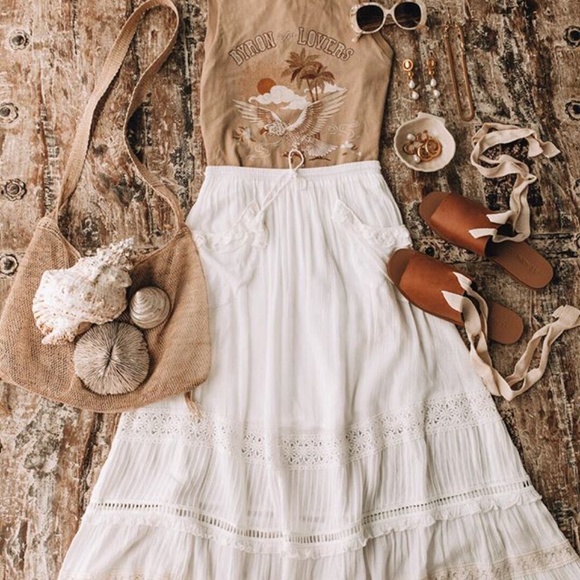 Gypsy Bohemian White Crochet Lace Maxi Skirt - Picture 10 of 11